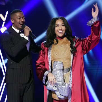 the masked singer l r host nick cannon and jordyn woods in the the mother of all final face offs, part 1 episode of the masked singer airing wednesday, april 8 800 901 pm etpt on fox photo by fox via getty images