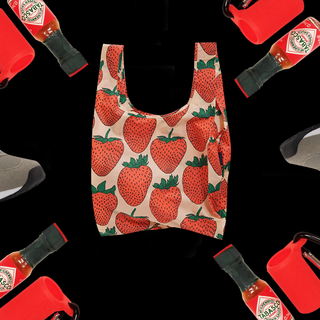 baggu bag, tennis shoes and hot sauce collage